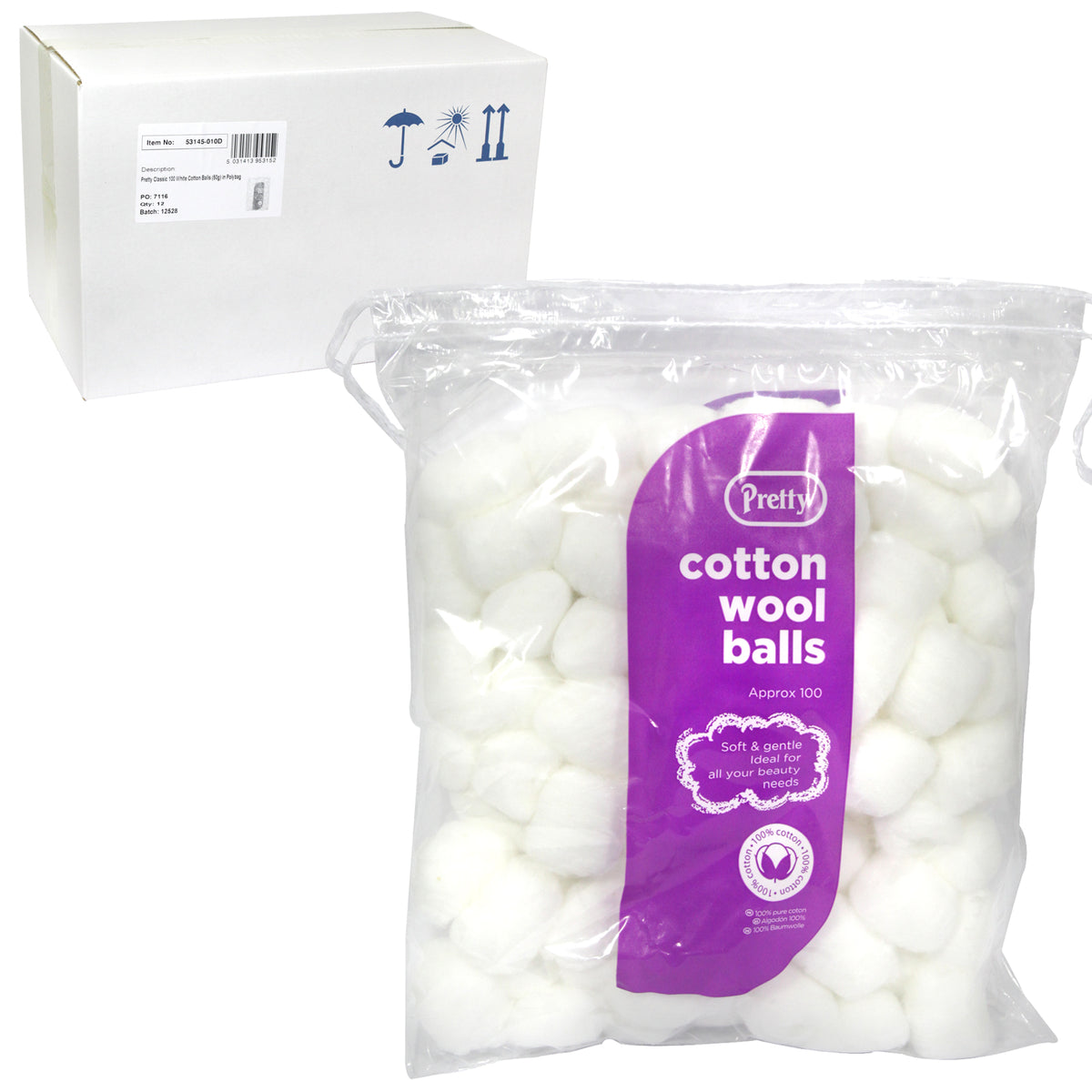 PRETTY COTTON WOOL BALLS 100'S WHITE X12