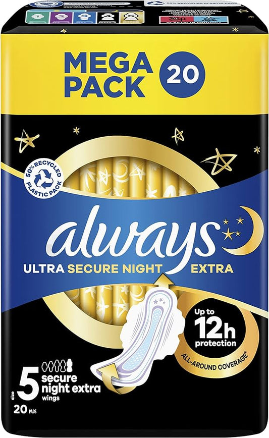 Always Ultra Sanitary Towels with Wings, Secure Night, Size 5,  (20pcs), MEGA PACK, Odour Neutraliser, Absorbent Core